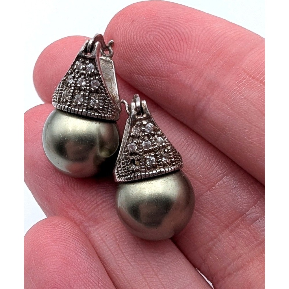 Sterling Silver 925 Gray Pearl Drop Earrings Pave Crystal Lever Back Vintage